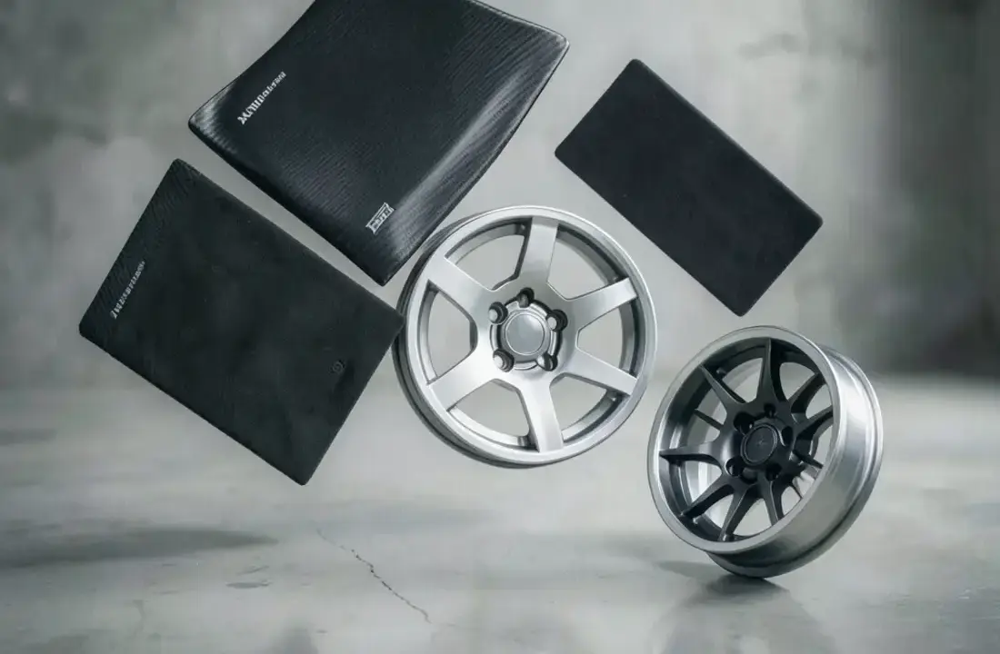 アトリエのショーケースに並ぶ自動車アクセサリ